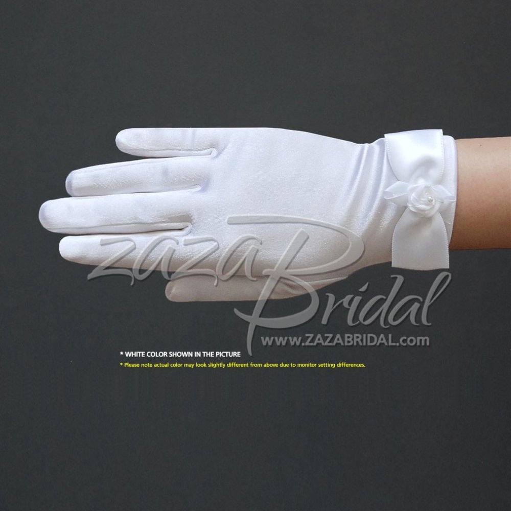 Girl’s Satin Gloves with a Satin Bow & Flower, Pearl in the center